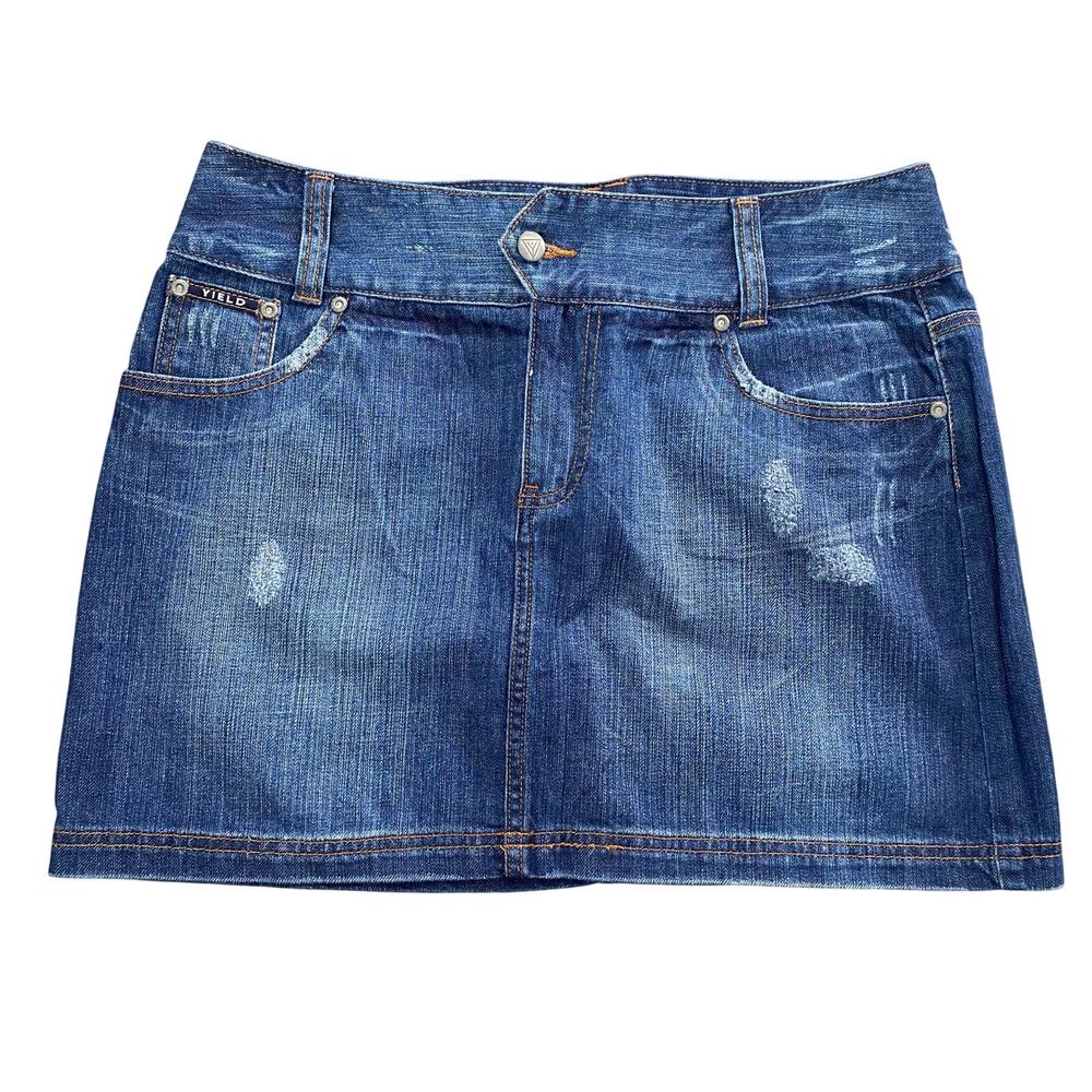 Y2K Yield Global Purpose Blue Denim Distressed Embroidered Mini Skirt Size 10